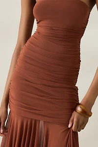 UO Massie Mesh Asymmetric Hanky Hem Strapless Midi Dress