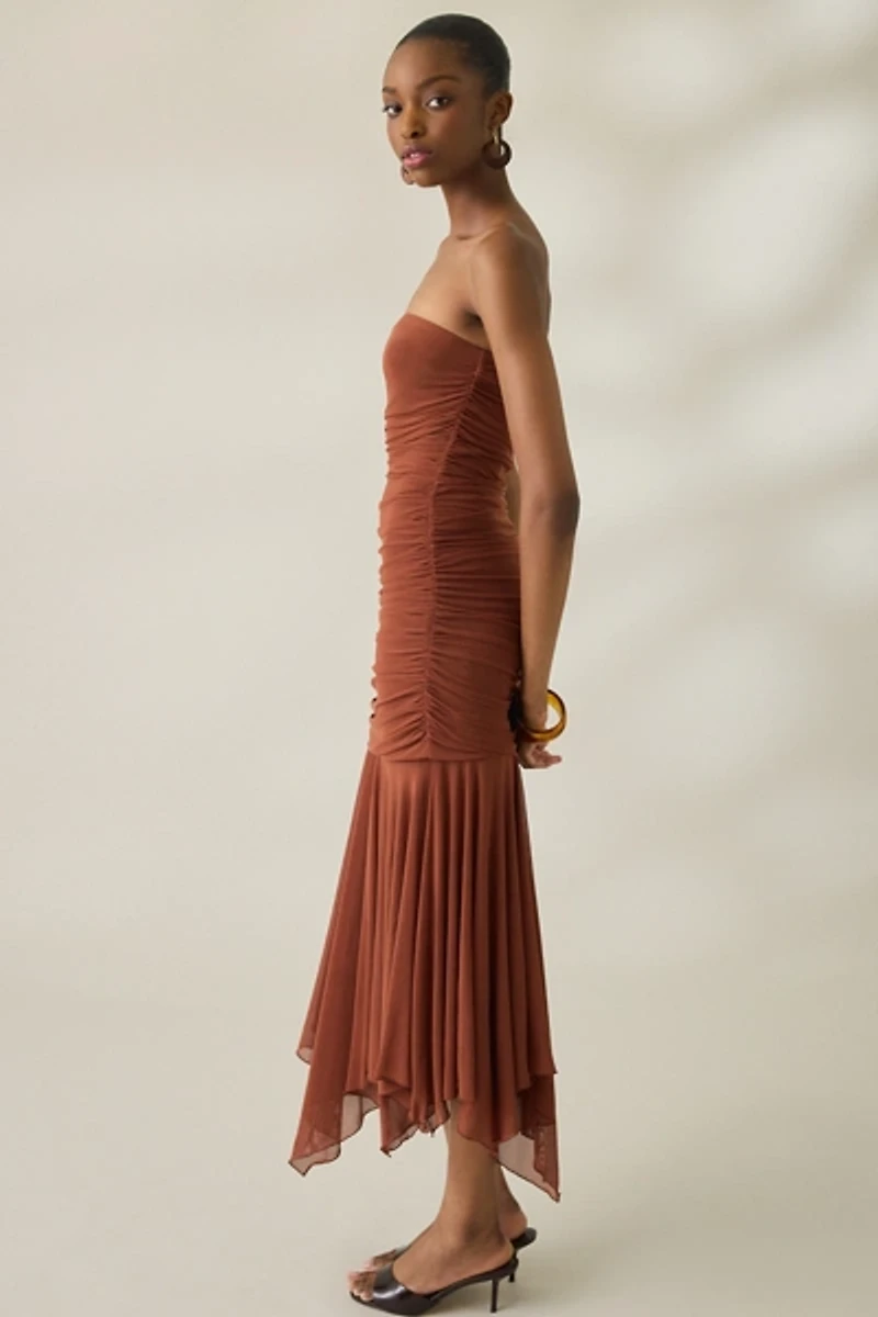 UO Massie Mesh Asymmetric Hanky Hem Strapless Midi Dress