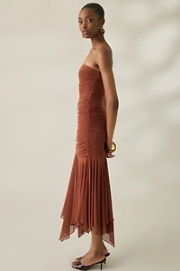 UO Massie Mesh Asymmetric Hanky Hem Strapless Midi Dress