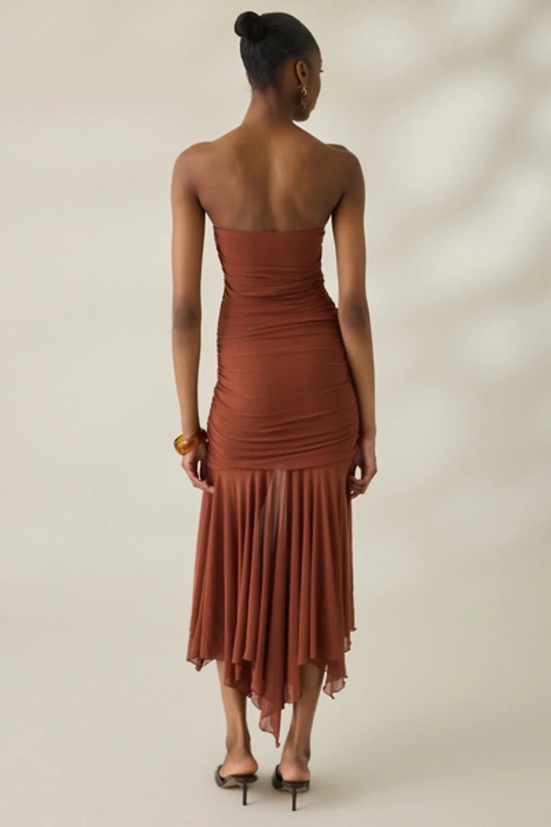 UO Massie Mesh Asymmetric Hanky Hem Strapless Midi Dress