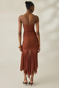 UO Massie Mesh Asymmetric Hanky Hem Strapless Midi Dress