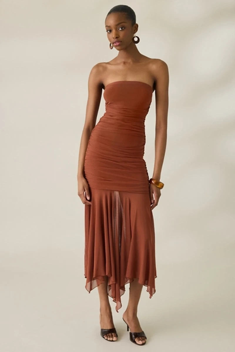 UO Massie Mesh Asymmetric Hanky Hem Strapless Midi Dress