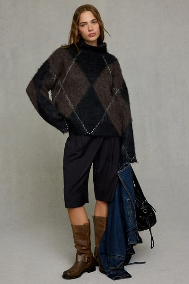 Glamorous Argyle Brushed Knit Oversized Funnel Neck Sweater