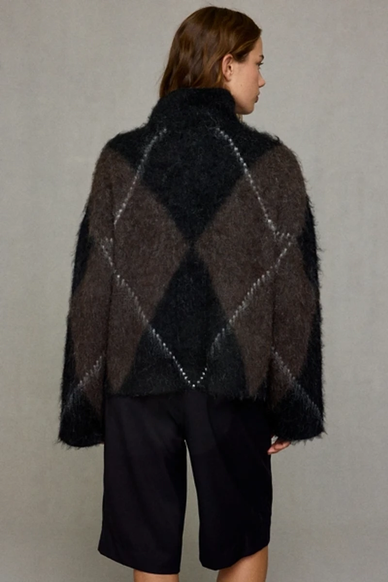 Glamorous Argyle Brushed Knit Oversized Funnel Neck Sweater