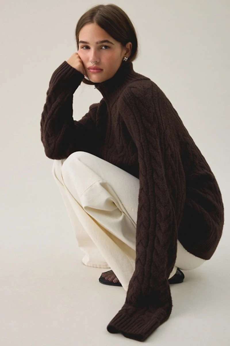 Glamorous Cabin Cozy Cable Knit Quarter Zip Sweater