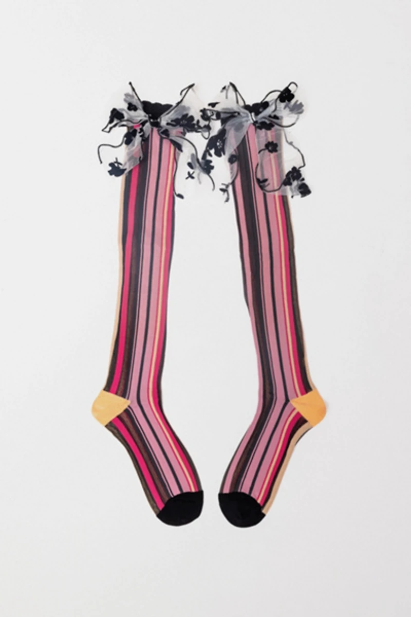 Sock Candy Parisian Stripe Bow Knee High Sheer Sock