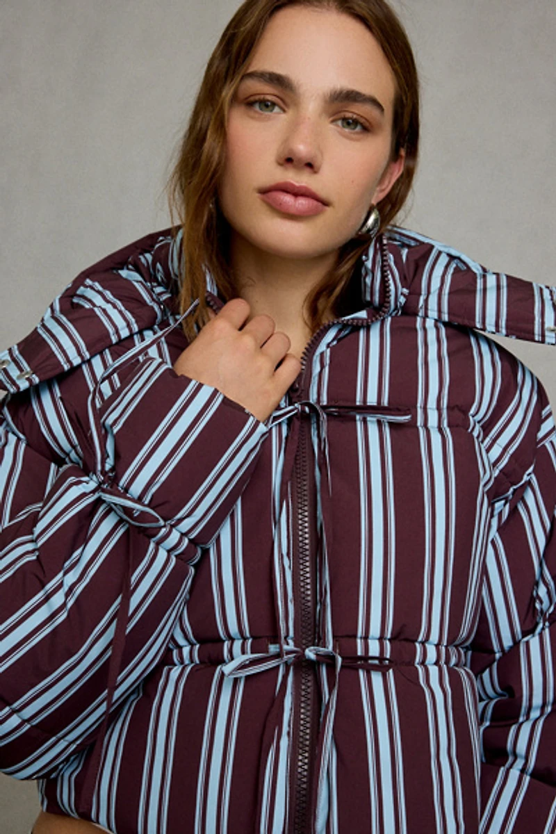 Daisy Street Cocoa Tie-Front Cropped Puffer Jacket