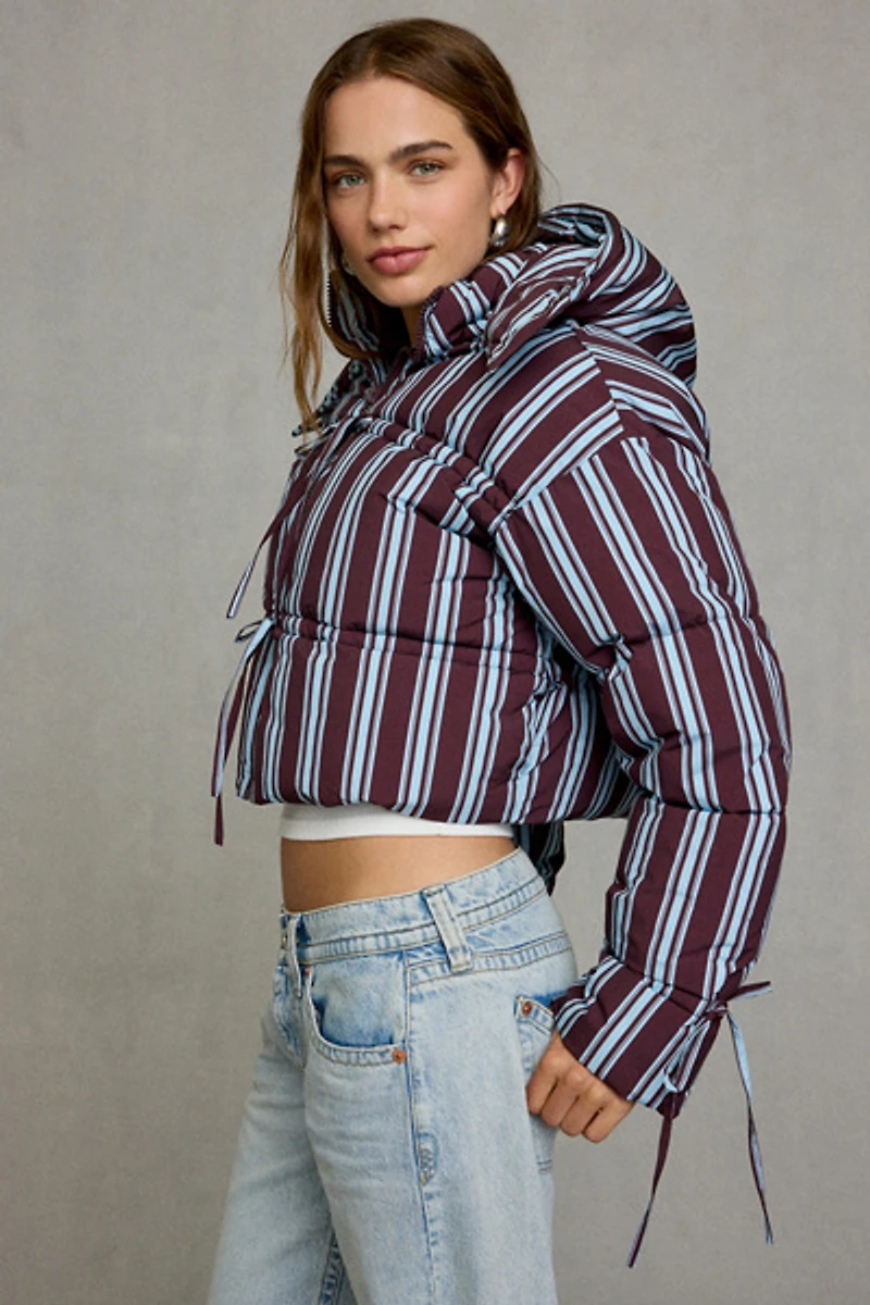 Daisy Street Cocoa Tie-Front Cropped Puffer Jacket