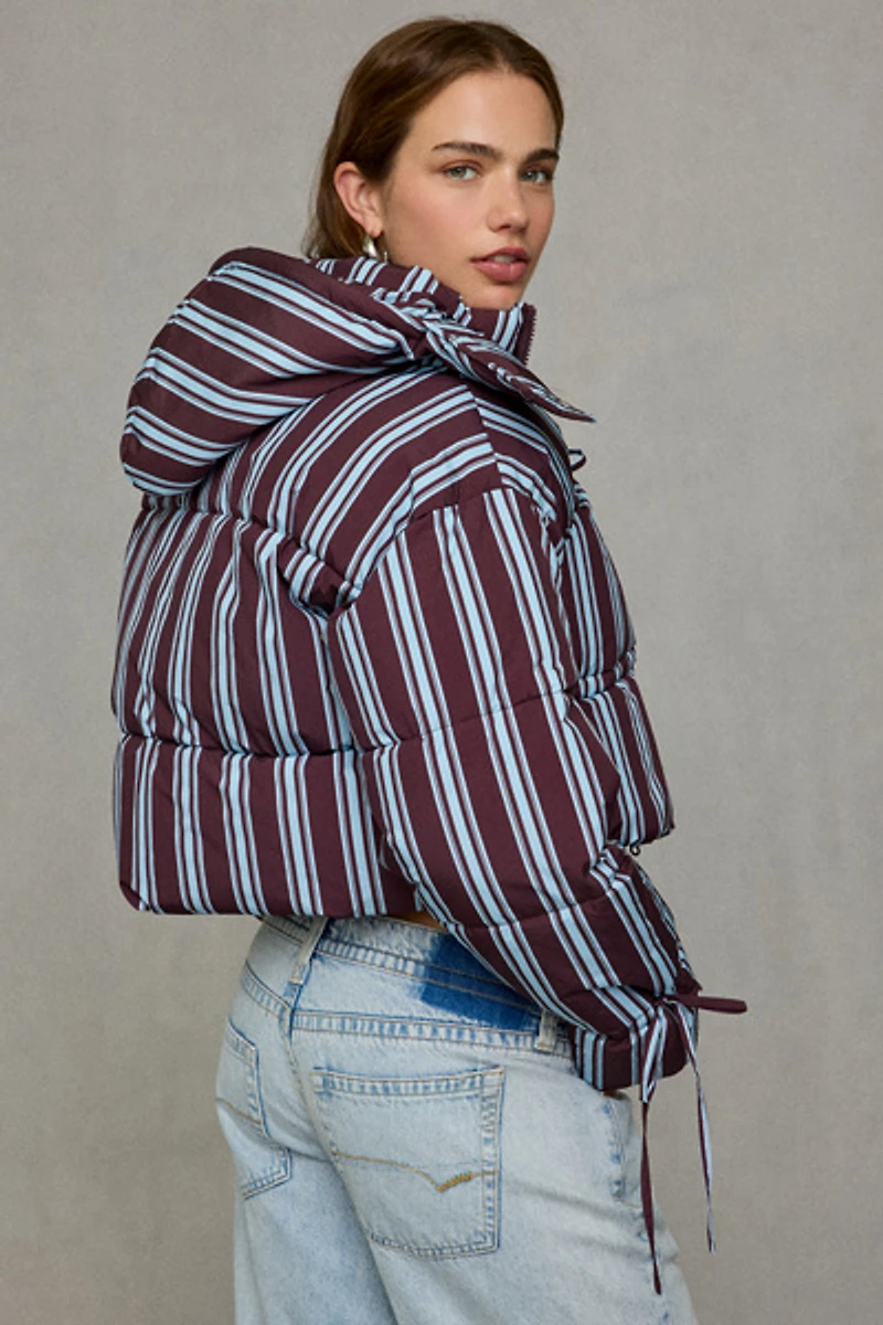 Daisy Street Cocoa Tie-Front Cropped Puffer Jacket
