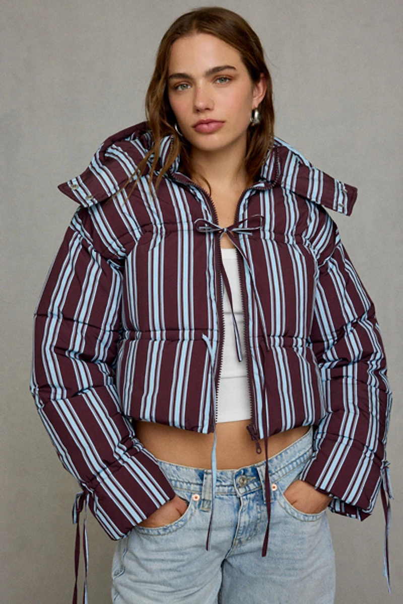 Daisy Street Cocoa Tie-Front Cropped Puffer Jacket