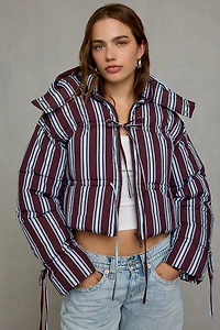 Daisy Street Cocoa Tie-Front Cropped Puffer Jacket