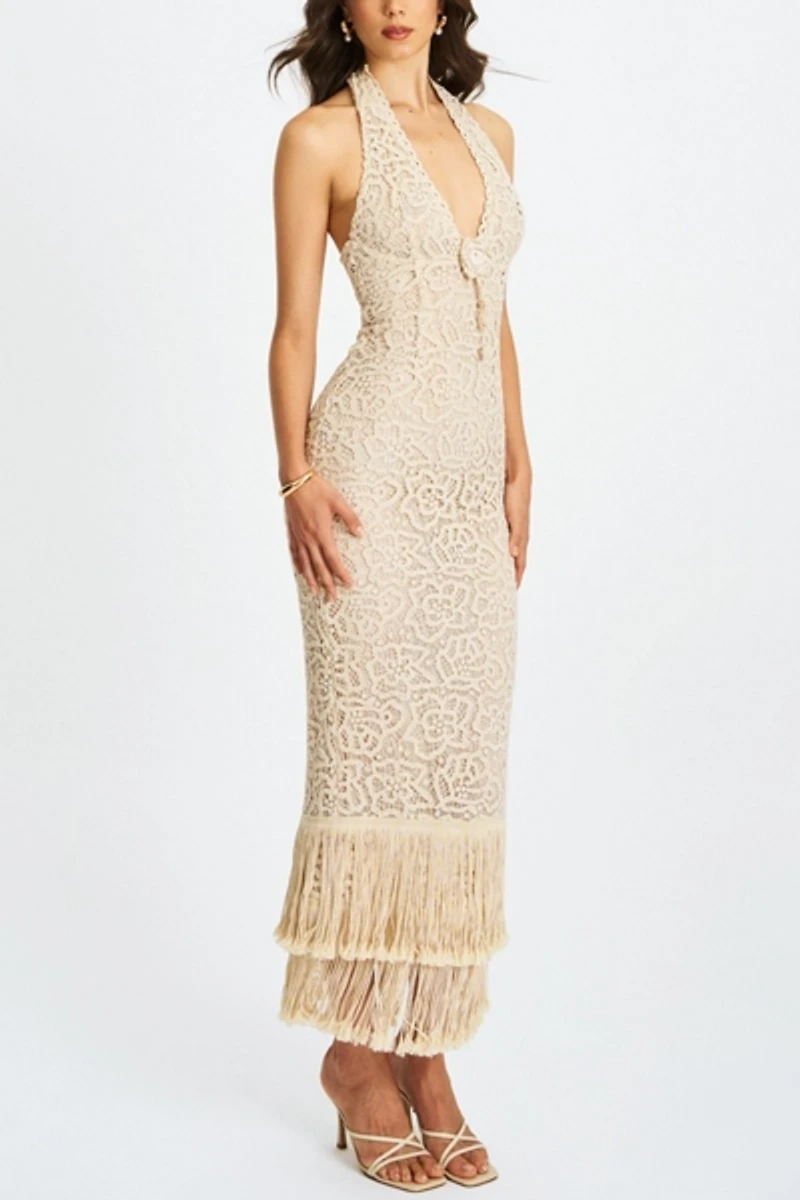 Miss Circle Faelyn Fringe Crochet Halter Maxi Dress