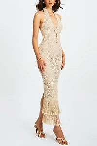 Miss Circle Faelyn Fringe Crochet Halter Maxi Dress