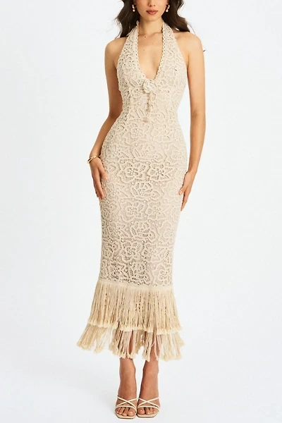 Miss Circle Faelyn Fringe Crochet Halter Maxi Dress