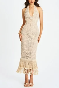 Miss Circle Faelyn Fringe Crochet Halter Maxi Dress