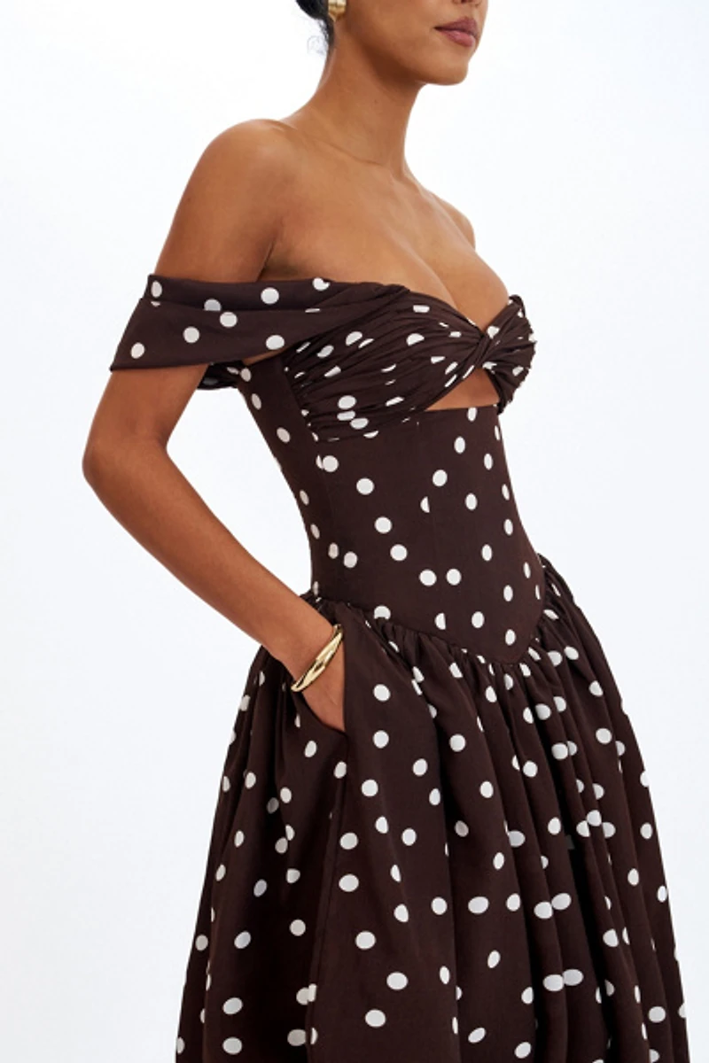 Miss Circle Xandie Polka Dot Off-Shoulder Midi Dress