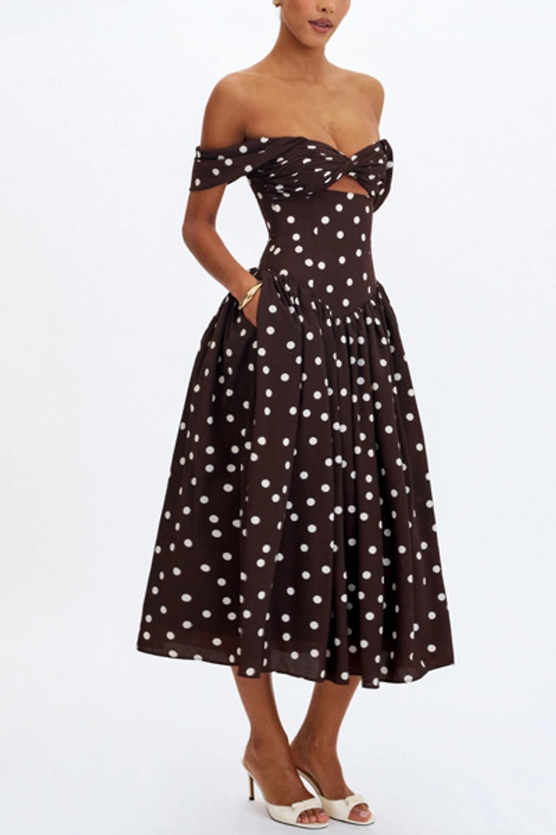 Miss Circle Xandie Polka Dot Off-Shoulder Midi Dress