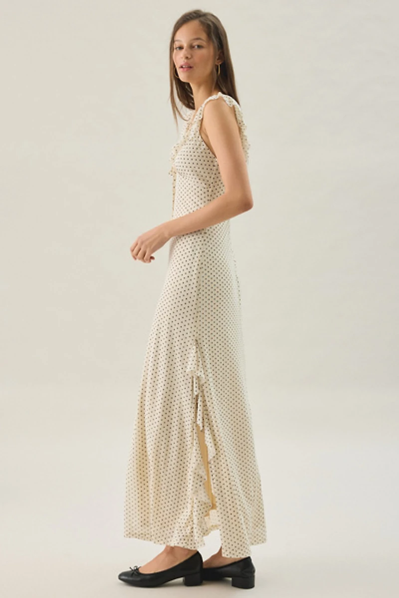 Another Girl Polka Dot Asymmetric Ruffle Maxi Dress