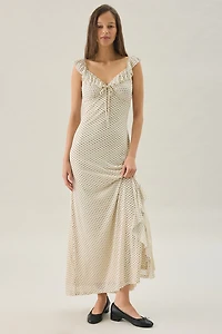 Another Girl Polka Dot Asymmetric Ruffle Maxi Dress