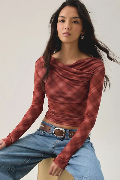 NIA Aria Semi-Sheer Mesh Boatneck Long Sleeve Top