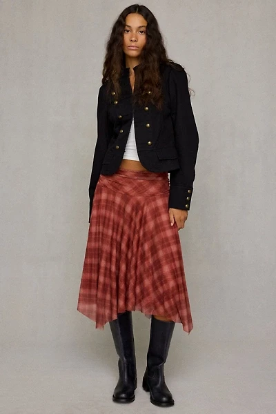 NIA Eme Asymmetric Hanky Hem Plaid Midi Skirt