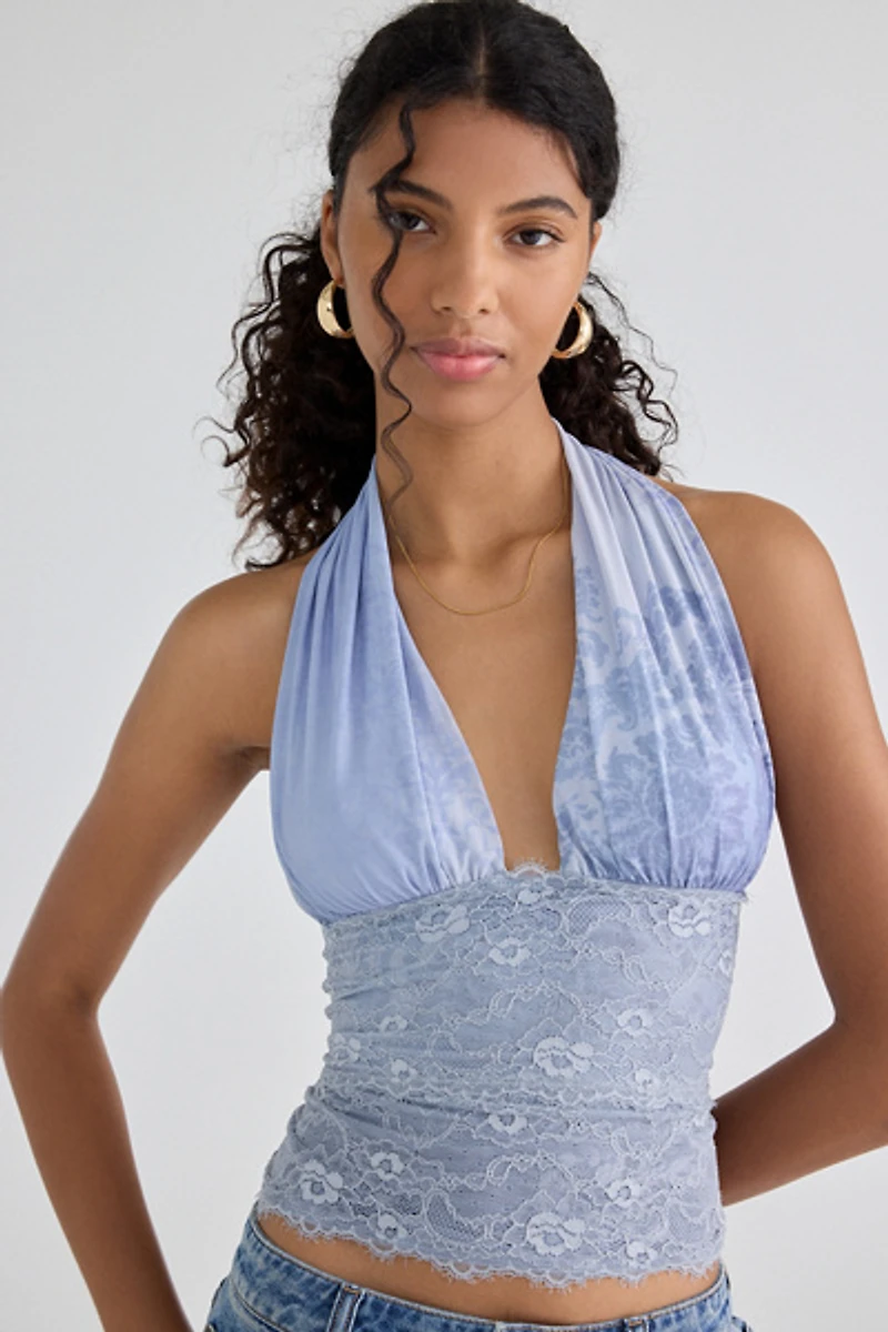 UO Party For You Lace Plunging Halter Top
