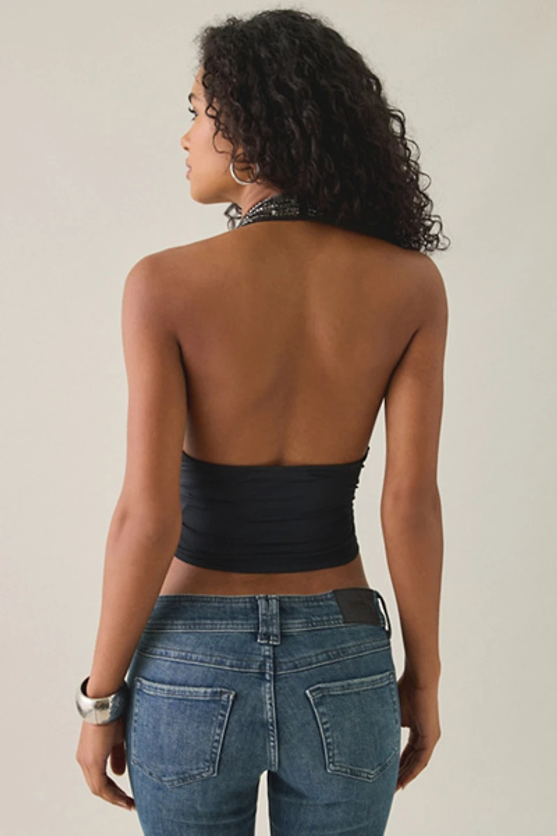 UO Wren Sequin Embellished Knot-Front Halter Top