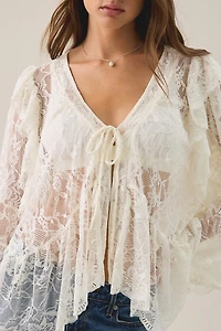 Another Girl Sheer Lace Bell Sleeve Tie-Front Blouse