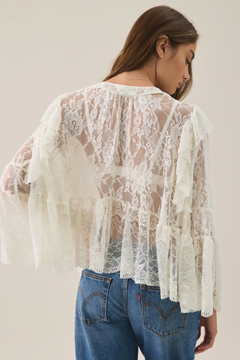Another Girl Sheer Lace Bell Sleeve Tie-Front Blouse