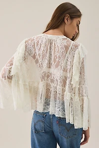 Another Girl Sheer Lace Bell Sleeve Tie-Front Blouse