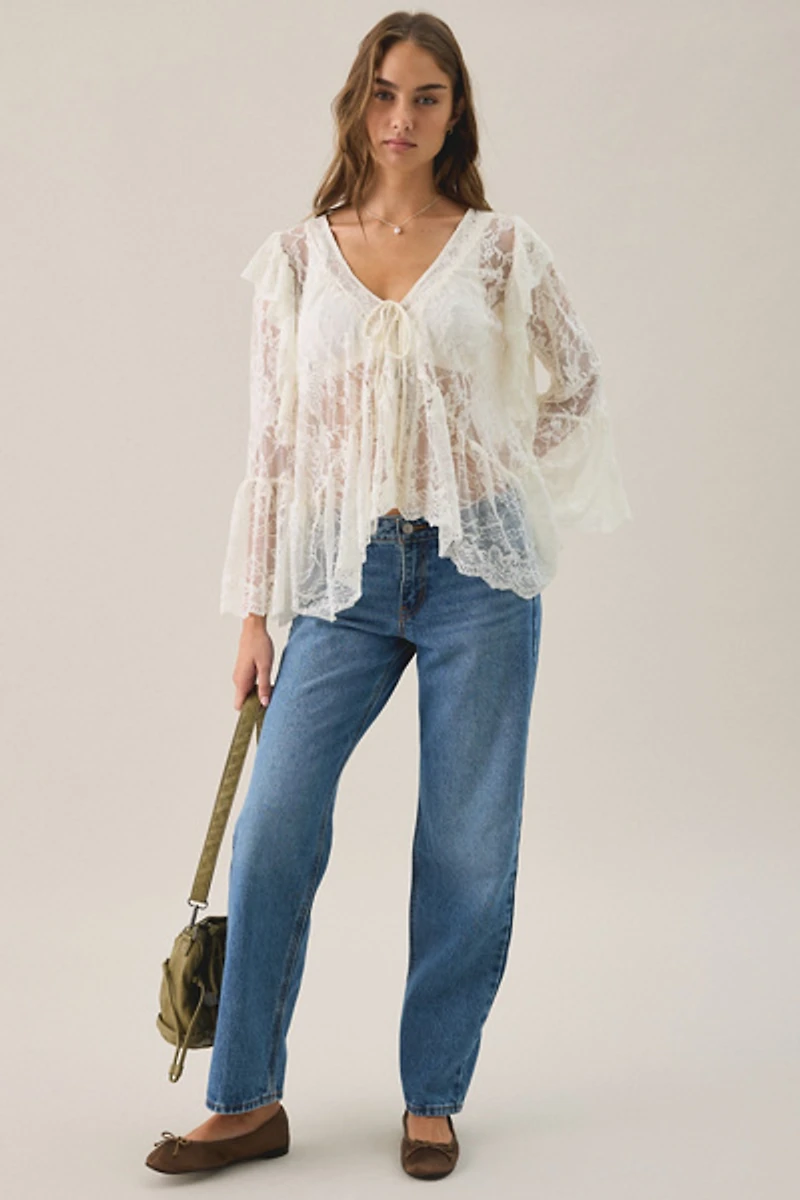 Another Girl Sheer Lace Bell Sleeve Tie-Front Blouse