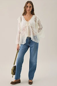 Another Girl Sheer Lace Bell Sleeve Tie-Front Blouse