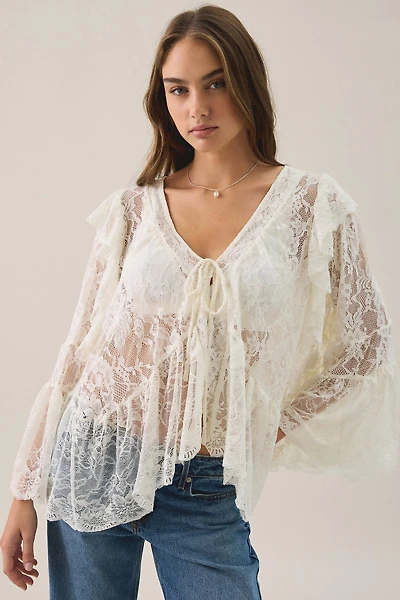 Another Girl Sheer Lace Bell Sleeve Tie-Front Blouse
