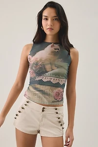 Another Girl Coquette Kitten Graphic Mesh Tank Top