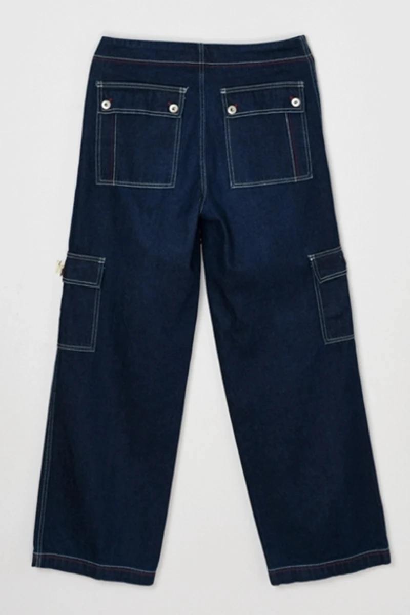 Vintage Y2k Dark Wash Contrast Stitched Cargo Rave Jeans