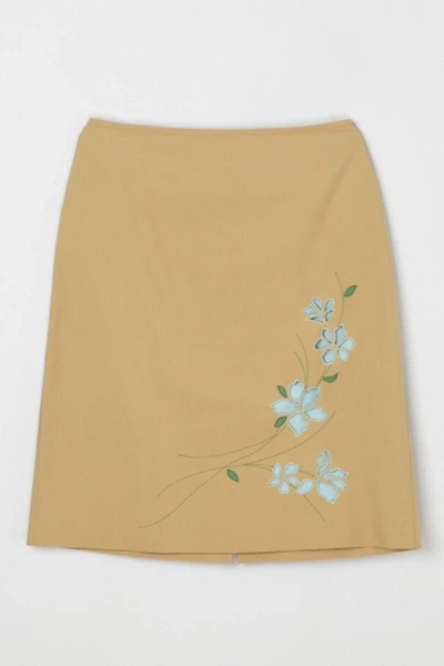 Vintage Y2k Khaki Midi Skirt with Flower Cutouts