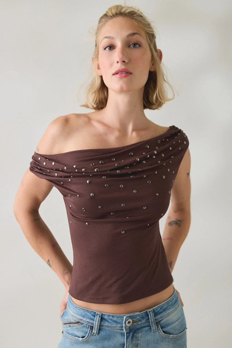UO Fia Studded Off-The-Shoulder Crop Top