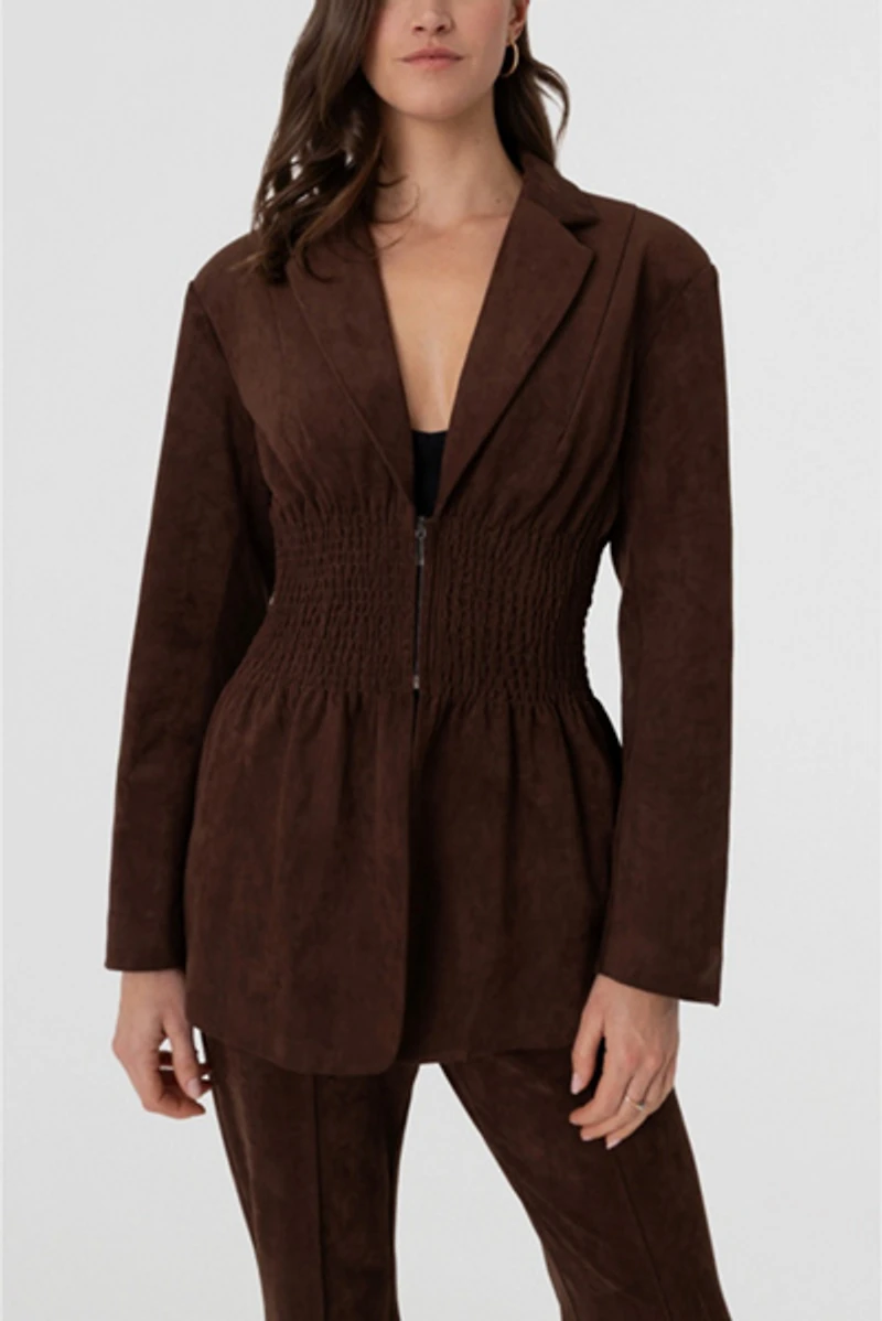 Amy Lynn Rina Faux Suede Boxy Blazer Jacket with Smocked Waist