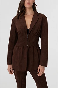 Amy Lynn Rina Faux Suede Boxy Blazer Jacket with Smocked Waist