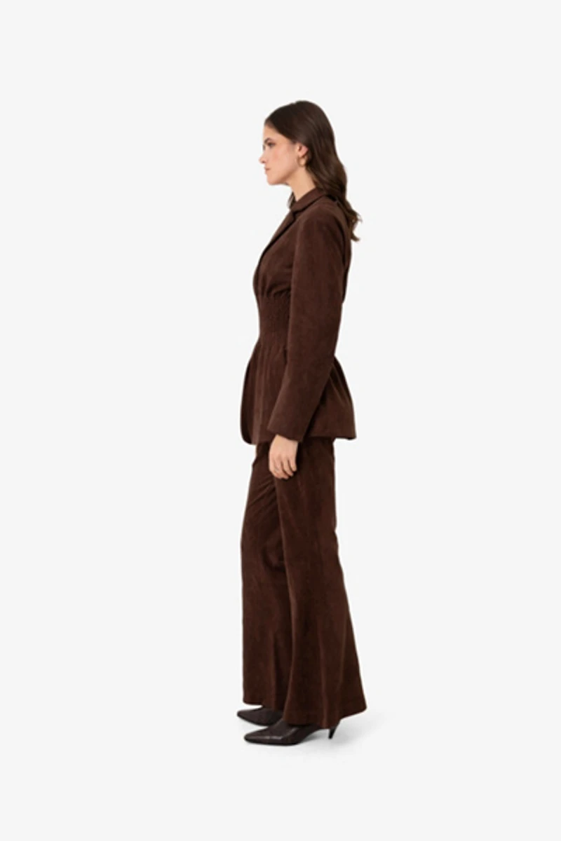 Amy Lynn Rina Faux Suede Boxy Blazer Jacket with Smocked Waist