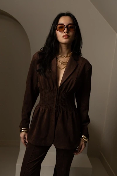 Amy Lynn Rina Faux Suede Boxy Blazer Jacket with Smocked Waist