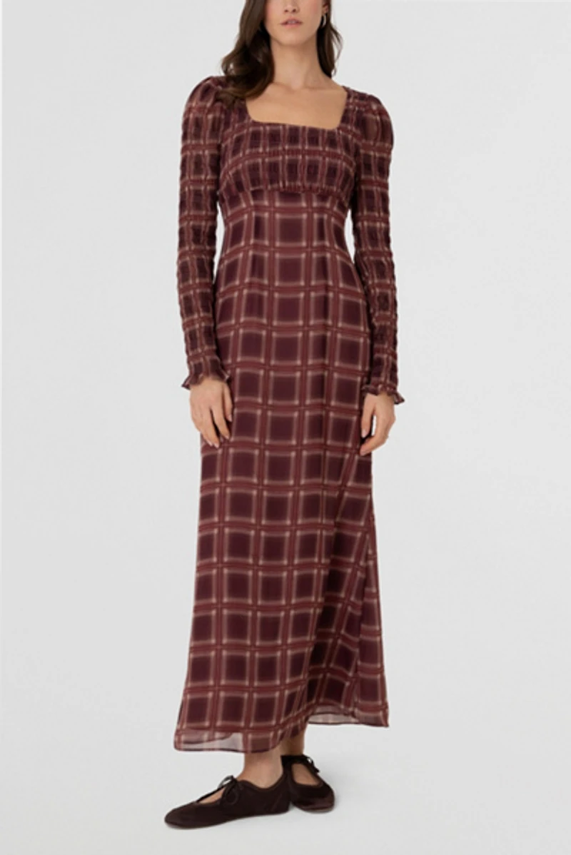 Amy Lynn Noor Smocked Checkered Long Sleeve Column Dress