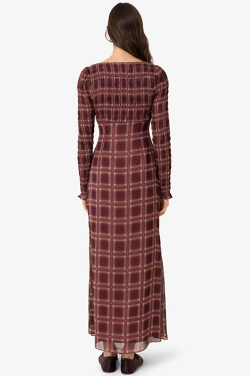Amy Lynn Noor Smocked Checkered Long Sleeve Column Dress