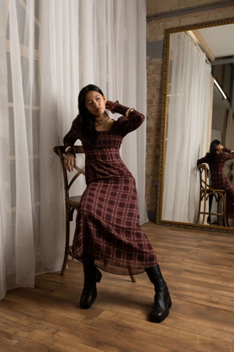 Amy Lynn Noor Smocked Checkered Long Sleeve Column Dress