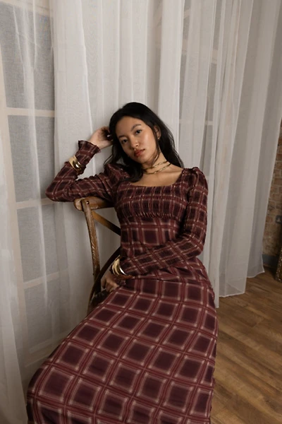 Amy Lynn Noor Smocked Checkered Long Sleeve Column Dress
