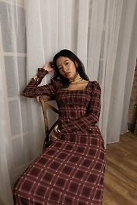 Amy Lynn Noor Smocked Checkered Long Sleeve Column Dress