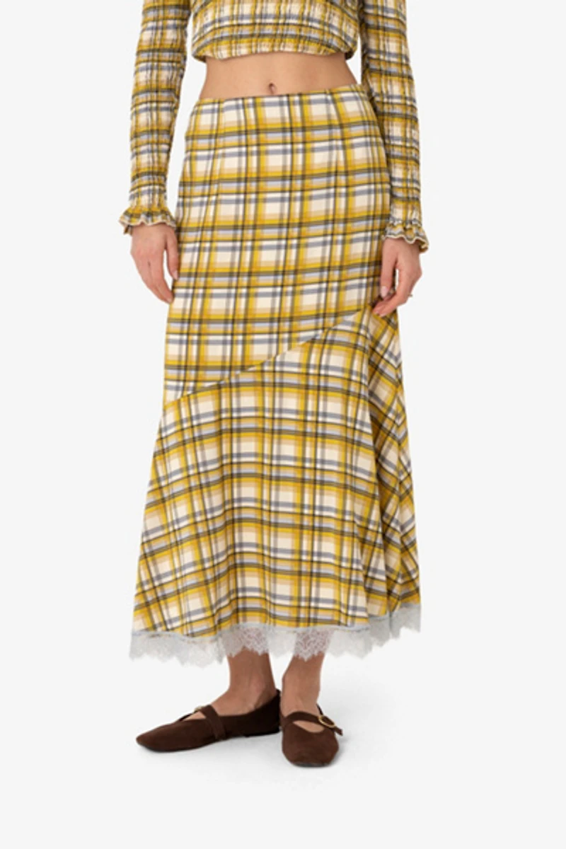 Amy Lynn Sunnie Plaid Asymetric Lace Trim Skirt