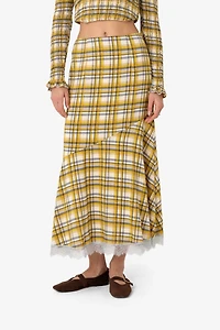 Amy Lynn Sunnie Plaid Asymetric Lace Trim Skirt