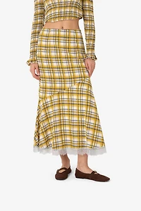 Amy Lynn Sunnie Plaid Asymetric Lace Trim Skirt