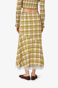 Amy Lynn Sunnie Plaid Asymetric Lace Trim Skirt
